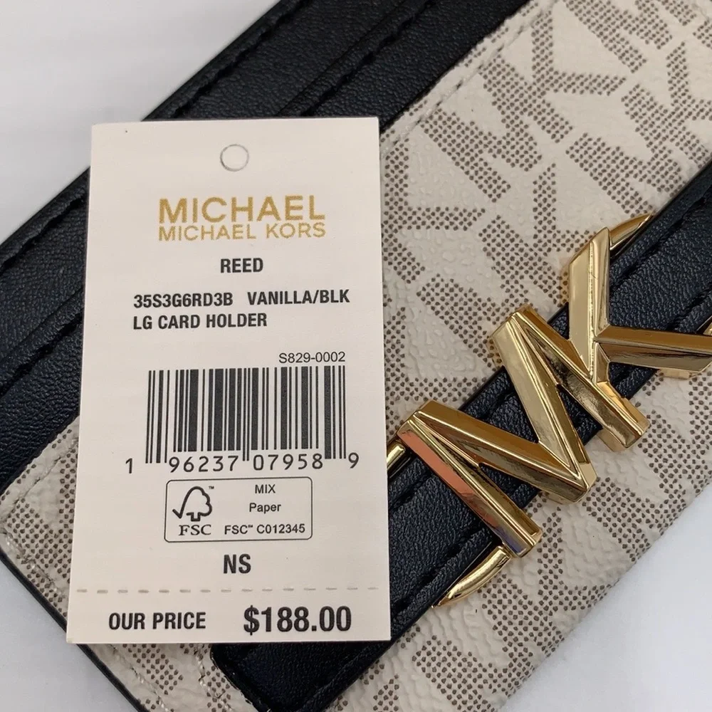 MICHAEL KORS Reed Large Card Holder Case Wallet COLOR: VANILLA BLACK SIG…